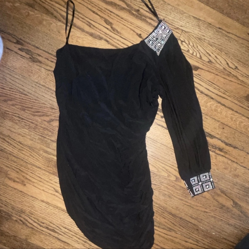 Deb Black One Shoulder Rhinestone Accents Bodycon Dress Plus Long Sleeve